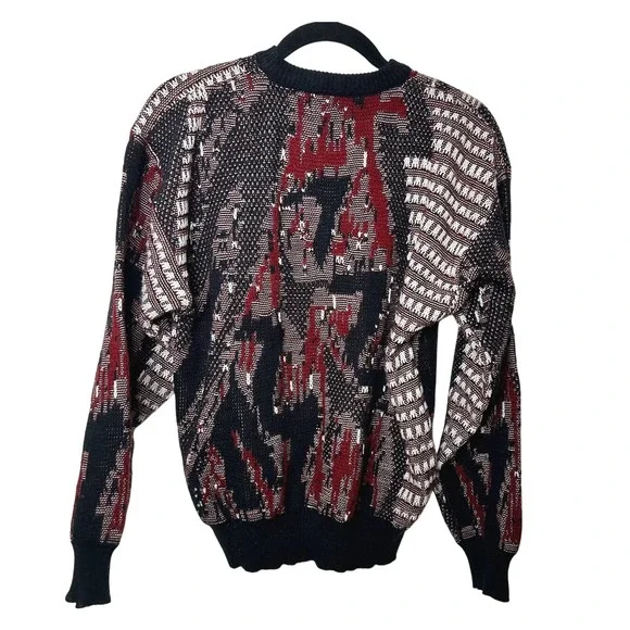 Oakton Limited Mens M Vintage Abstract Geometric Knit Sweater Black Red White - Picture 2 of 8